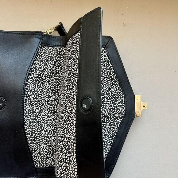 Loeffler Randall Black Leather w/ Animal Print Accent Envelope Crossbody Handbag - Picture 7 of 16